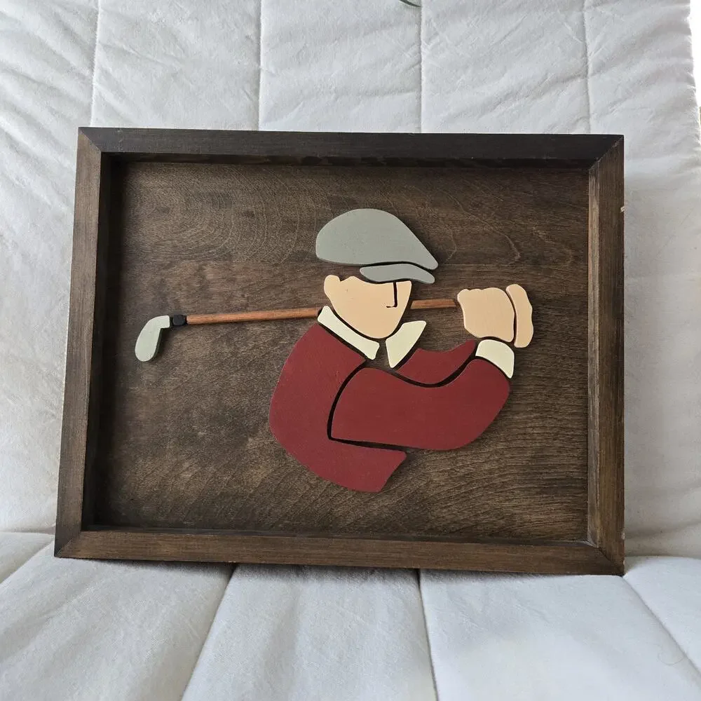 Handcrafted Intarsia Wood Wall Art Golf Man With A Golf Club Framed